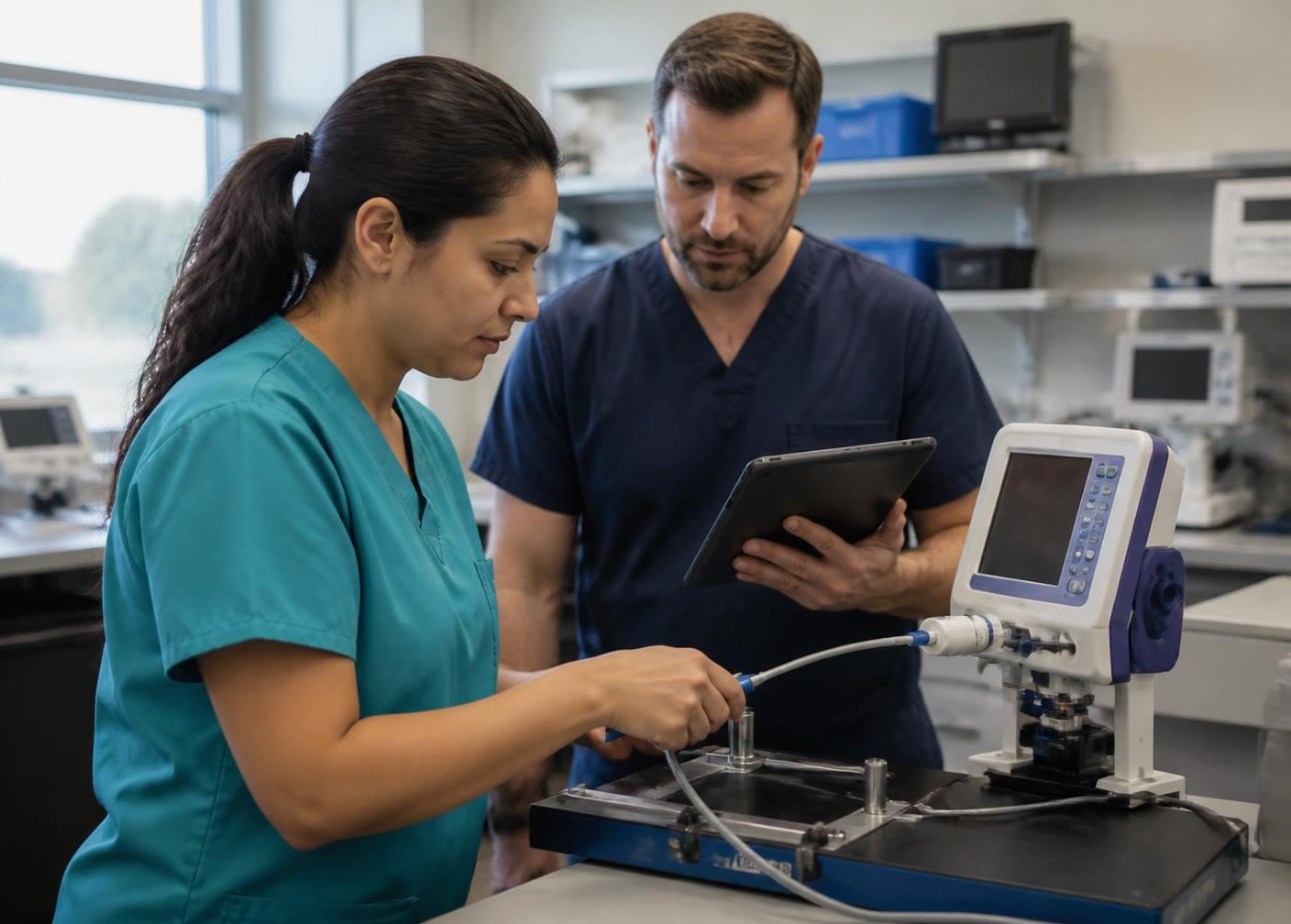 Two Bayline biomedical technicians calibrating an infusion pump on a test bench