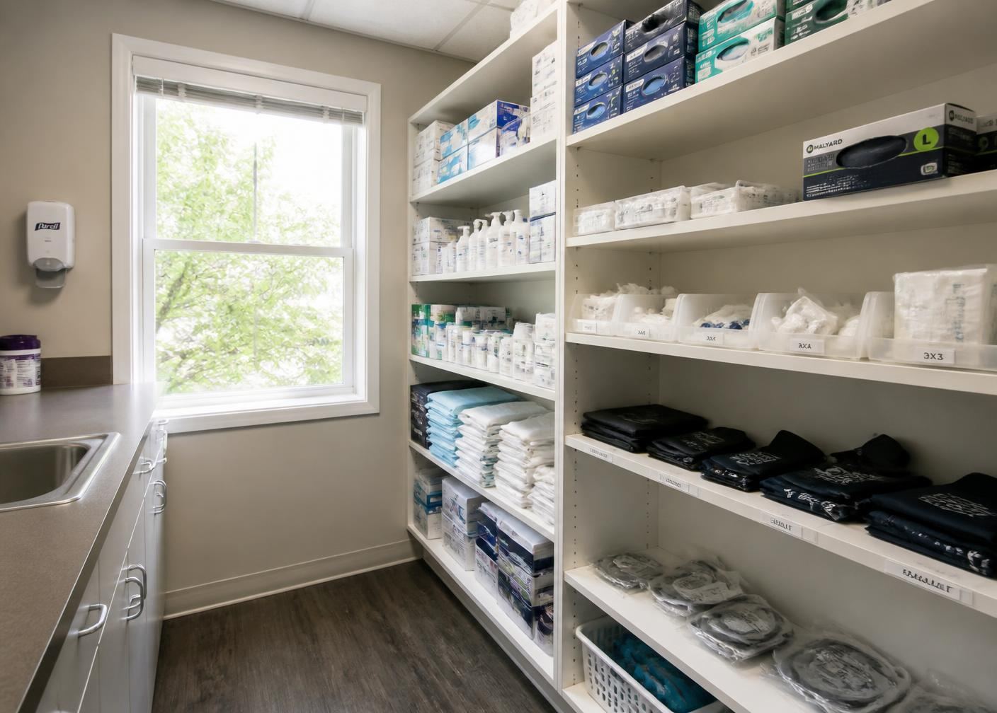 Shelved dental and clinical consumables organized by par level